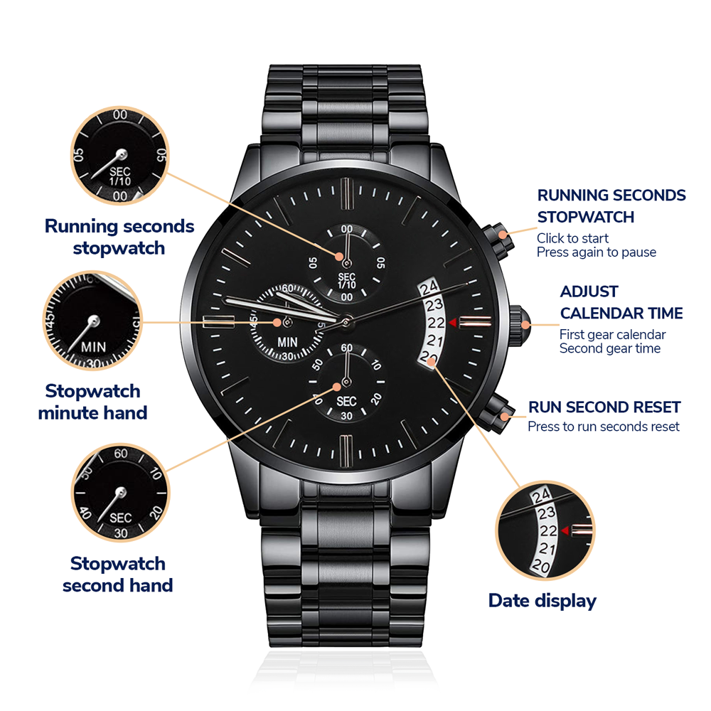 Becoming More Collection — Black Chronograph Watch with Custom Engraving