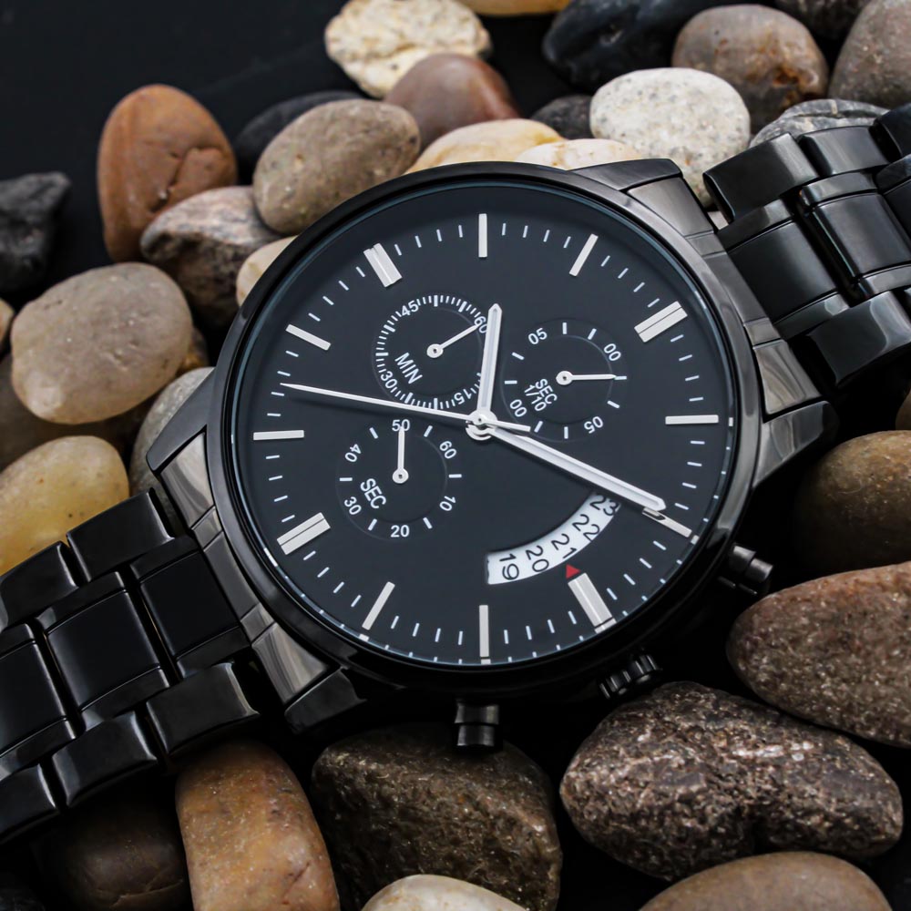 Becoming More Collection — Black Chronograph Watch with Custom Engraving