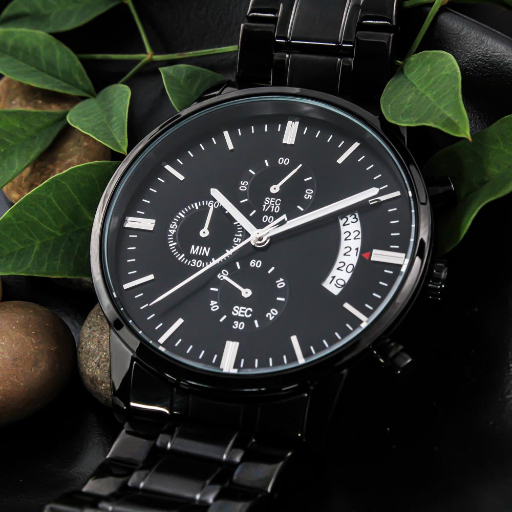 Becoming More Collection — Black Chronograph Watch with Custom Engraving