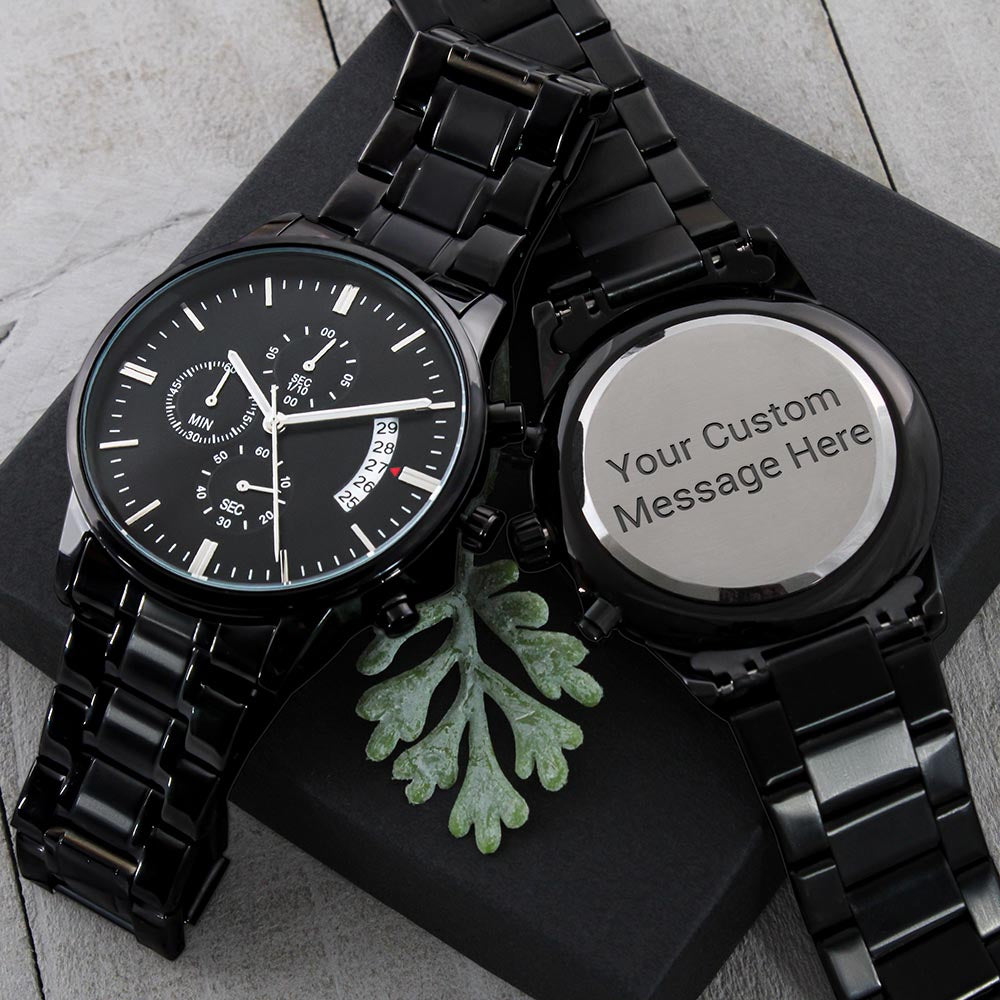 Becoming More Collection — Black Chronograph Watch with Custom Engraving