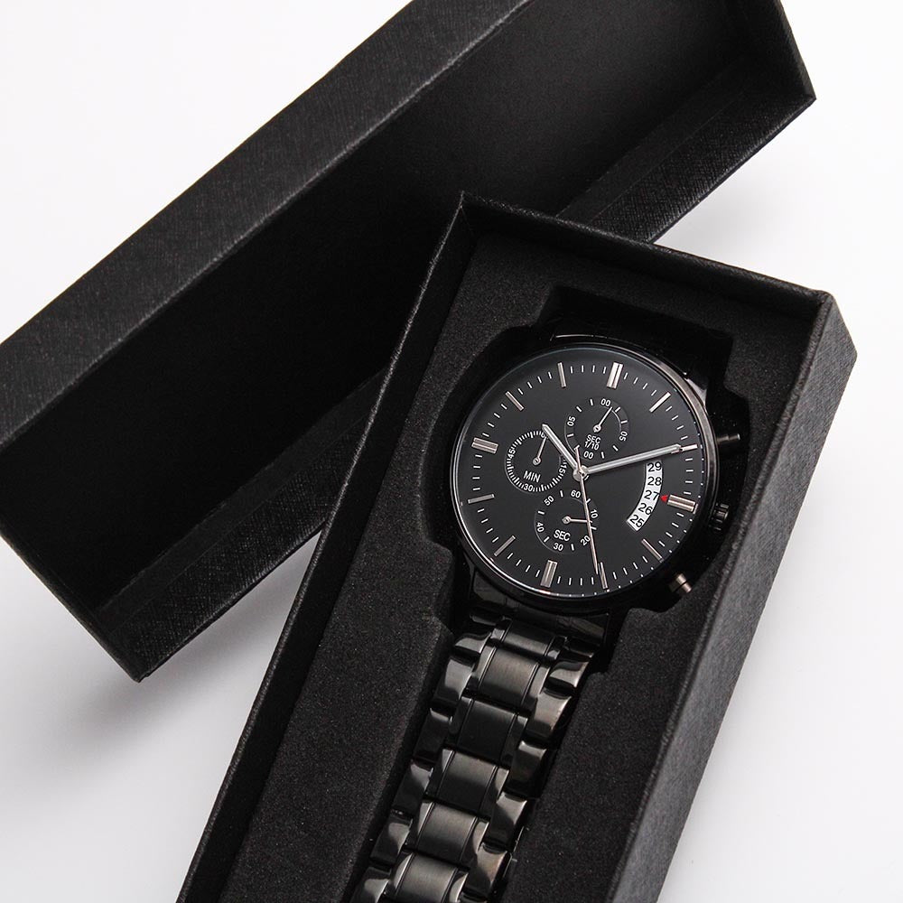 Becoming More Collection — Black Chronograph Watch with Custom Engraving